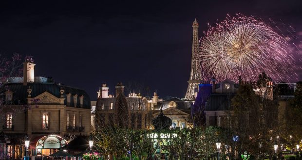 Spectacular fireworks illuminate the Eiffel Tower and Parisian streets in Epcot’s France Pavilion at Walt Disney World.