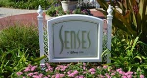Senses, A Disney Spa" sign nestled among lush blooms, inviting Walt Disney World guests to unwind near the deluxe resort path.
