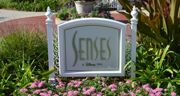 Senses, A Disney Spa" sign nestled among lush blooms, inviting Walt Disney World guests to unwind near the deluxe resort path.