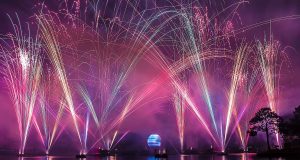 Spectacular fireworks dazzle above Disney World’s lake, their reflections shimmering as fans gather for the legendary nightly show.