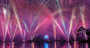 Spectacular fireworks dazzle above Disney World’s lake, their reflections shimmering as fans gather for the legendary nightly show.