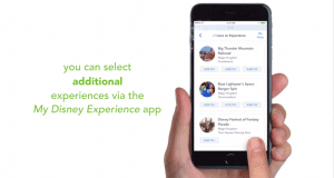 The My Disney Experience app open on a phone at Walt Disney World, ready to book new adventures and manage FastPass+ plans.