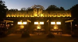 Animal Kingdom entrance at dusk, glowing sign and animal carvings above ticket windows set the stage for an epic Disney adventure.