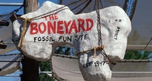 The Boneyard’s giant bone-shaped entrance sign, marked “Est. 1947,” swings above the DinoLand U.S.A. fossil dig site.
