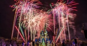 Fireworks dazzle above Cinderella Castle at Magic Kingdom, lighting up the night sky and enchanting Disney World guests.