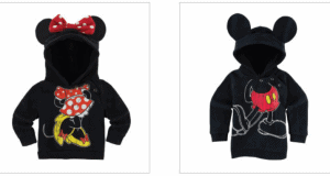 Disney Parks black hoodies with mouse ears—Mickey or Minnie Mouse designs. Not for infants; choking hazard—keep from small kids.