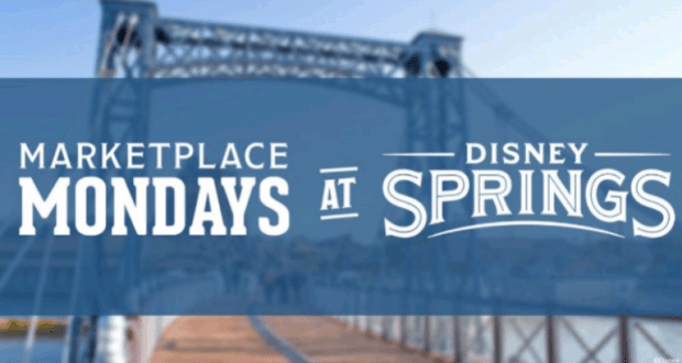 Marketplace Mondays at Disney Springs: Score Disney deals and exclusive events in a lively district with scenic bridge and blue sky.