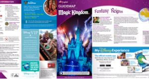 Vibrant Magic Kingdom park map featuring Cinderella Castle, attraction highlights, guest tips, and My Disney Experience app info.