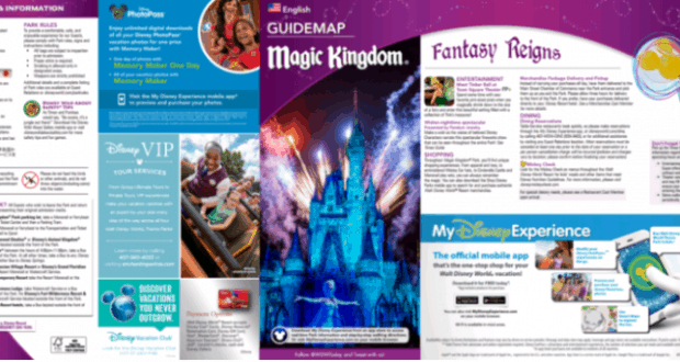 Vibrant Magic Kingdom park map featuring Cinderella Castle, attraction highlights, guest tips, and My Disney Experience app info.