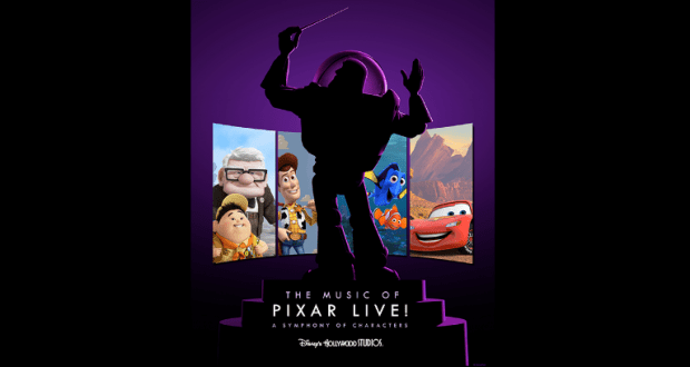 Buzz Lightyear conducts as Pixar characters look on from windows; "The Music of Pixar LIVE!" lights up at Walt Disney World.