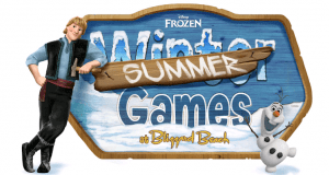 Kristoff and Olaf pose by a Frozen Winter Games sign altered for summer, celebrating the Frozen Summer Games at Blizzard Beach.