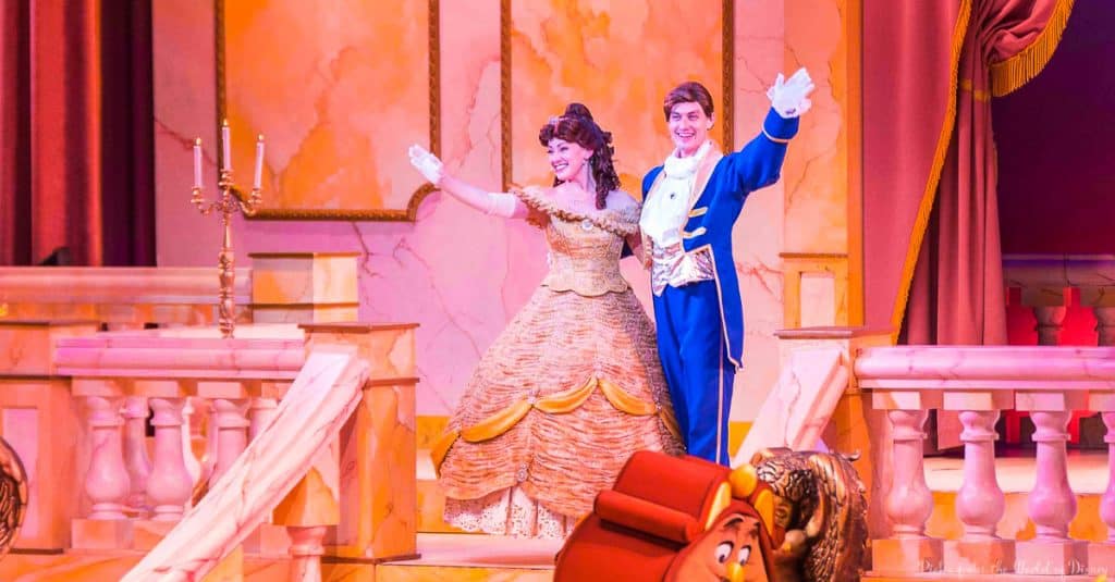Belle and the Beast wave from the dazzling stage of Beauty and the Beast Live at Disney's Hollywood Studios—an absolute must-see.