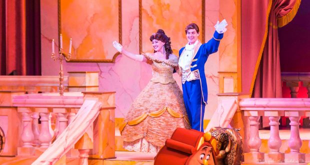 Belle and the Beast wave from the dazzling stage of Beauty and the Beast Live at Disney's Hollywood Studios—an absolute must-see.
