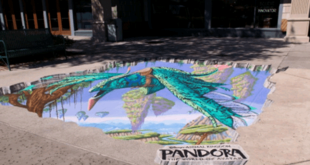 Snap the perfect pic with 3D sidewalk art of a Pandora banshee at Disney’s Animal Kingdom, inspired by Avatar: The World of Pandora.