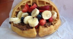 A Mickey-shaped waffle with bananas, strawberries, blueberries, and chocolate spread—just like a Disney Parks breakfast treat.