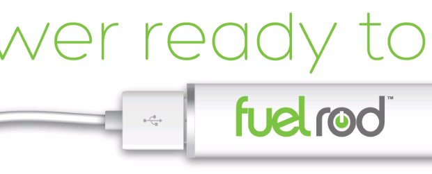 FuelRod portable charger with USB cable and "Power ready to Go" text, ready for Disney World adventures in the parks.