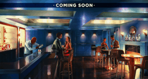 The Ale & Compass Restaurant lounge bar at Disney World, bustling with guests and a "COMING SOON" sign above the bartender.