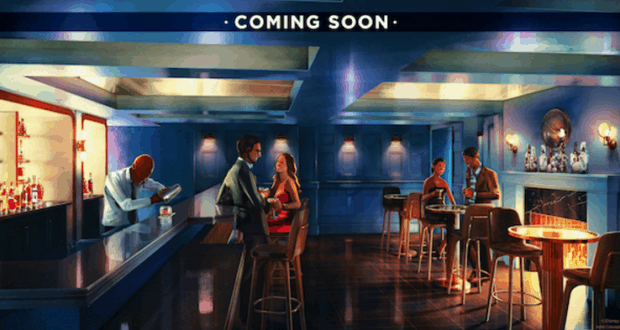The Ale & Compass Restaurant lounge bar at Disney World, bustling with guests and a "COMING SOON" sign above the bartender.