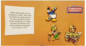 Coronado Springs collector’s card at Walt Disney World featuring fun Construction Trading Pin Sets with favorite cartoon characters.