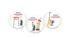 Remy stars on EPCOT Food & Wine 2017 Passholder buttons with the Torii gate, Leaning Tower, and Eiffel Tower landmarks.