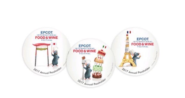 Remy stars on EPCOT Food & Wine 2017 Passholder buttons with the Torii gate, Leaning Tower, and Eiffel Tower landmarks.