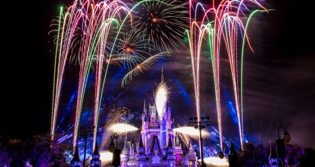 Fireworks burst above Cinderella Castle at Walt Disney World, lighting up the night for an enchanting theme park experience.