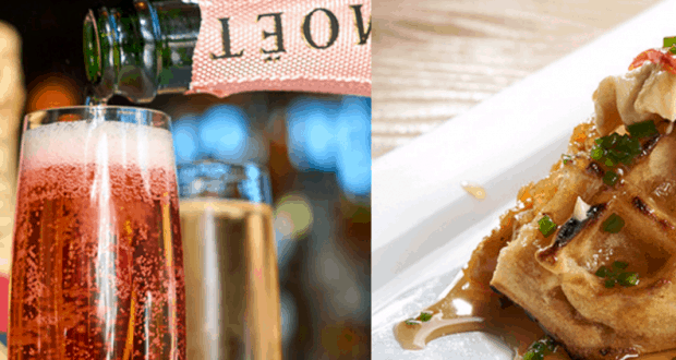 Pink champagne sparkles at Morimoto Asia’s Bubbles and Brunch, paired with waffles piled high with syrup and fresh toppings.