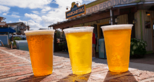 Three cups of beer on a brick ledge at Disney Springs, margarita stand behind—cheers to Oktoberfest fun at Walt Disney World!.