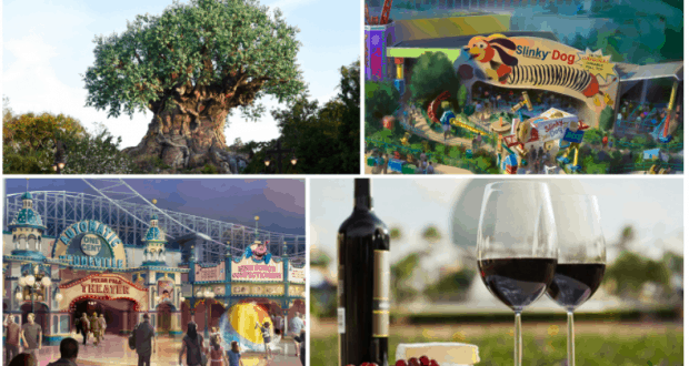 Collage of Disney Parks icons: Tree of Life, Slinky Dog Dash, park thrills, and Epcot Food & Wine Festival glasses.
