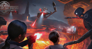 Guests in VR headsets face off against stormtroopers with blasters in fiery Star Wars scenes at Secrets of the Empire, Disney World.