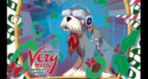 Sorcerers of the Magic Kingdom card with a festive dog in a bow, holiday décor, and bakers—Disney holiday magic for fans.