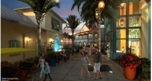 Guests explore a vibrant, tropical marketplace at dusk, with palm trees and lively Caribbean Beach Resort energy at Disney World.