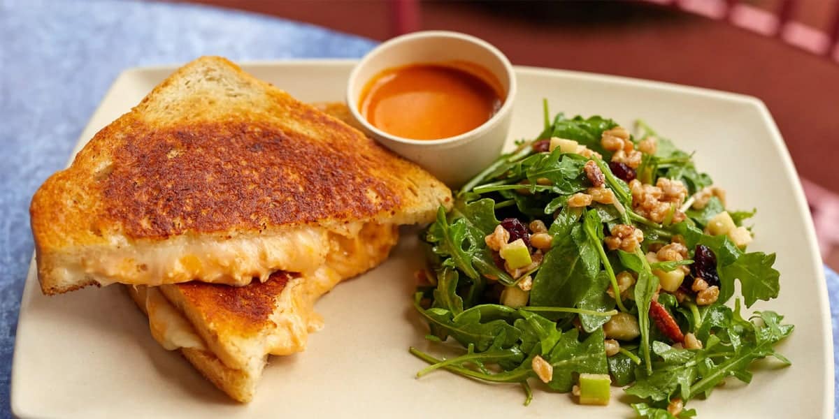 A plate with a grilled cheese sandwich, a small cup of tomato soup, and a fresh green salad with walnuts, dried cranberries, and chopped apples—far tastier than the options at the Worst Quick Service Restaurants at Disney World.