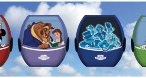 Disney Skyliner gondolas featuring Mickey & Minnie, Beauty and the Beast, Haunted Mansion ghosts, and Goofy glide through Walt Disney World.