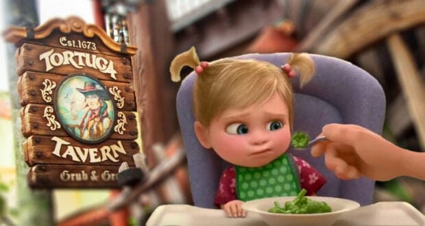 A young child with pigtails sits in a high chair, frowning at a spoonful of broccoli. Beside her, a wooden sign reads “Tortuga Tavern Grub & Grog”—one of the Worst Quick Service Restaurants at Disney World—featuring a pirate illustration.