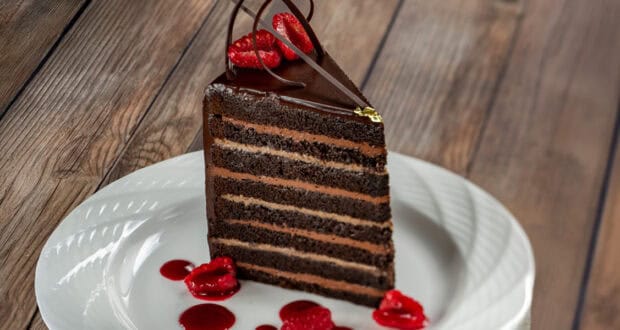 A slice of layered chocolate cake with chocolate glaze, garnished with chocolate curls and fresh raspberries, sits on a white plate with raspberry sauce—just like the tempting desserts at budget-friendly Disney World restaurants.