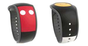 Black MagicBand wristbands with classic Mickey Mouse designs in red, white, and yellow—essential for your Disney World visit.