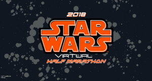 2018 Star Wars Half Marathon Virtual logo with cosmic splatter, spotlighting runDisney's galactic race adventure for fans.