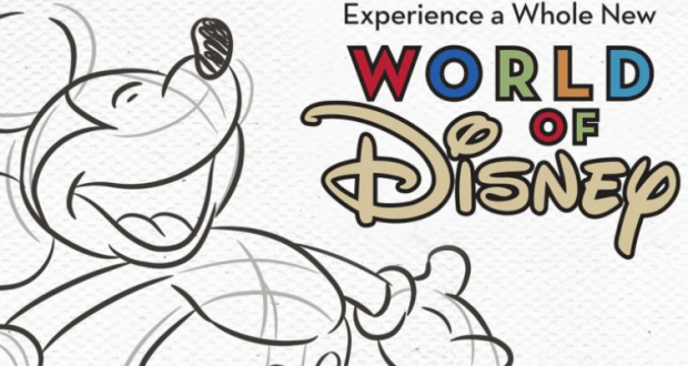 Mickey Mouse stands beside vibrant "Experience a Whole New World of Disney" text, evoking excitement for Disney World fans.