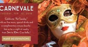 A vibrant feathered masquerader spotlights Maria & Enzo's Carnevale at Disney World, with event info and a "Make Reservations" button.