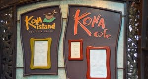 Kona Island Coffee & Sushi and Kona Cafe signs showcase Disney World appetizer menus, inviting guests to dine in style.