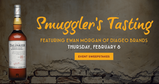 Talisker whisky bottle next to info for Smuggler's Series tasting Feb 8 with Ewan Morgan at Enzo's Hideaway, Disney World.
