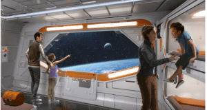 Guests at Star Wars: Galactic Starcruiser admire Earth and space through panoramic windows, mesmerized by the galactic views.
