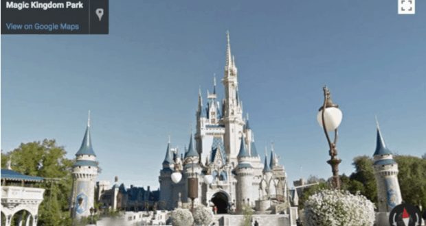 Cinderella Castle at Magic Kingdom, gleaming beneath blue skies, framed by lush trees and iconic lamp posts in Disney World.