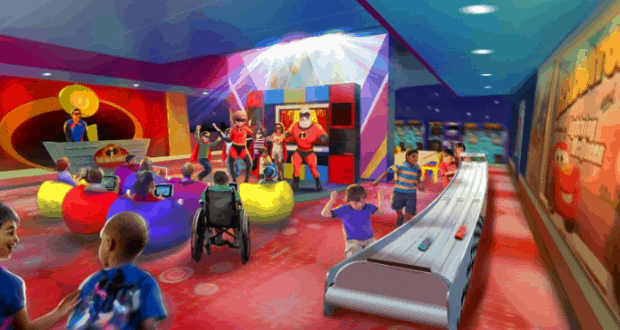 Kids enjoy Pixar Play Zone’s vibrant, superhero-inspired room with games and costumed characters at Walt Disney World.