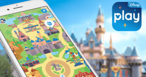 Disneyland map on a smartphone with Play Disney Parks App logo; Cinderella Castle blurs magically in the Walt Disney World backdrop.
