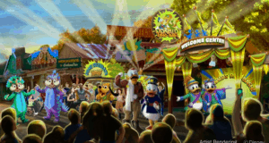 Beloved Disney characters in festive outfits welcome guests at Donald's Dino-Bash, surrounded by vibrant decor and party banners.