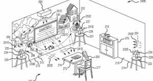 Sketch of a girl at a desk with Disney-inspired AR gear, casting virtual magic onto walls and props like in an interactive attraction.