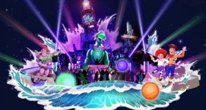 Buzz Lightyear, Woody, and Jessie light up H2O Glow Nights with vibrant water effects and brilliant lights by the lighthouse.