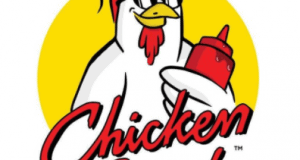 Chicken Guy mascot with glasses and ketchup in front of a yellow circle, logo text below—spotlighting Chicken Guy at Disney Springs.